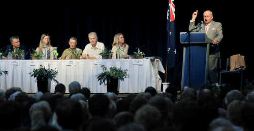 Radio presenter Alan Jones addresses the Forum on Australia’s Food Security held at the Oakey Cultural Centre. Radio presenter Alan Jones addresses the Forum on Australia’s Food Security held at the Oakey Cultural Centre.